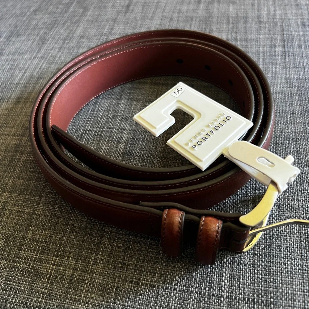 Perry Ellis Portfolio Leather Belt Brown‎ Size 50 Full Grain Cowhide NWT $52.50